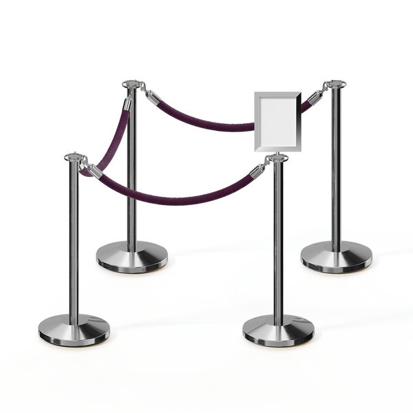 Montour Line Stanchion Post & Rope Kit PolSteel 4FlatTop 3Purple Rope 85x11VSign C-Kit-3-PS-FL-1-Tapped-1-8511-V-3-PVR-PE-PS